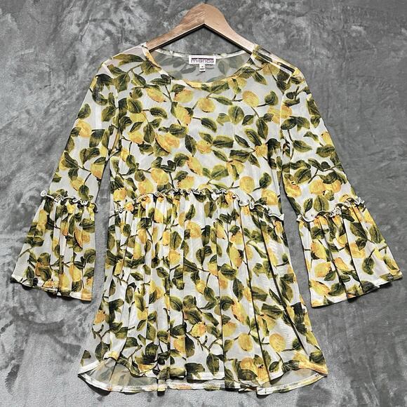Mishca Tops - Mishca‎ Novelty Mesh Bell Sleeve Peplum Top Womens Sz S Yellow Lemon Print Sheer